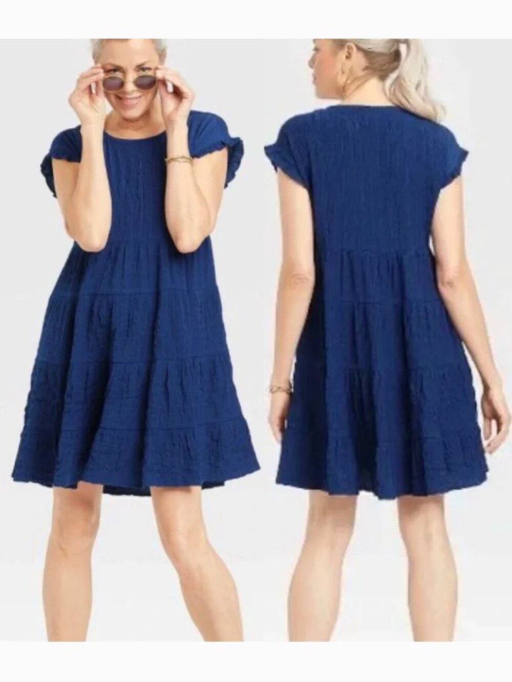 KNOX ROSE Flutter Short Sleeve Textured Tiered A-Line Dress Muted Blue Boho Mini